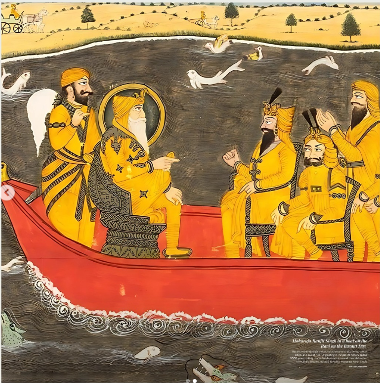 Maharaja Ranjit Singh on a boat on the River Ravi on Basant Day donning yellow